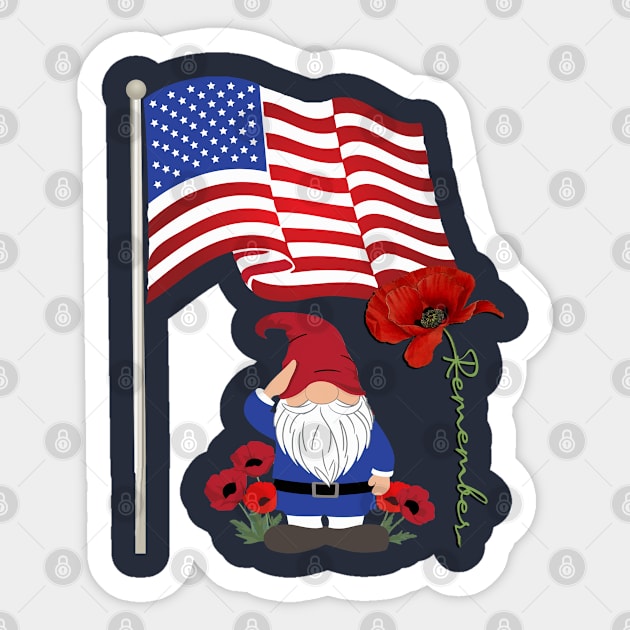 Gnome Lover, American Flag & Poppy Flowers Patriotic Sticker by tamdevo1